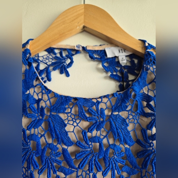 NWT! NSR,  Mia Lace Short Sleeve Open Back Midi Dress, Blue/Nude, Size S - Picture 5 of 11
